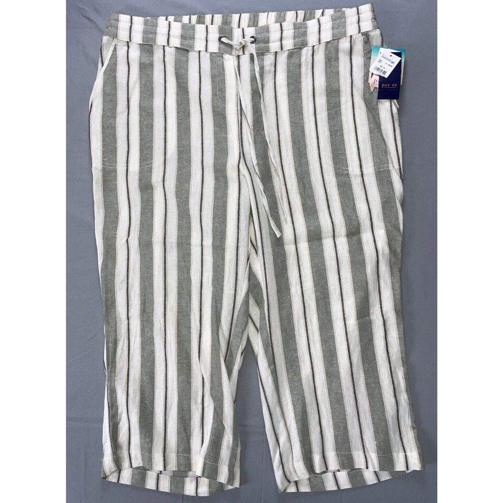 Per Se Pull On Slex Waist Linen Blend Capri Pants in Sage/Cream. 1X, NWT $54!!
